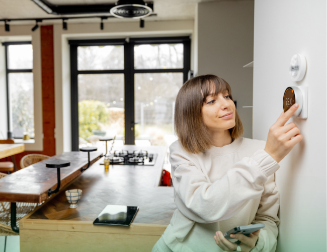 Woman changing temperature on thermostat